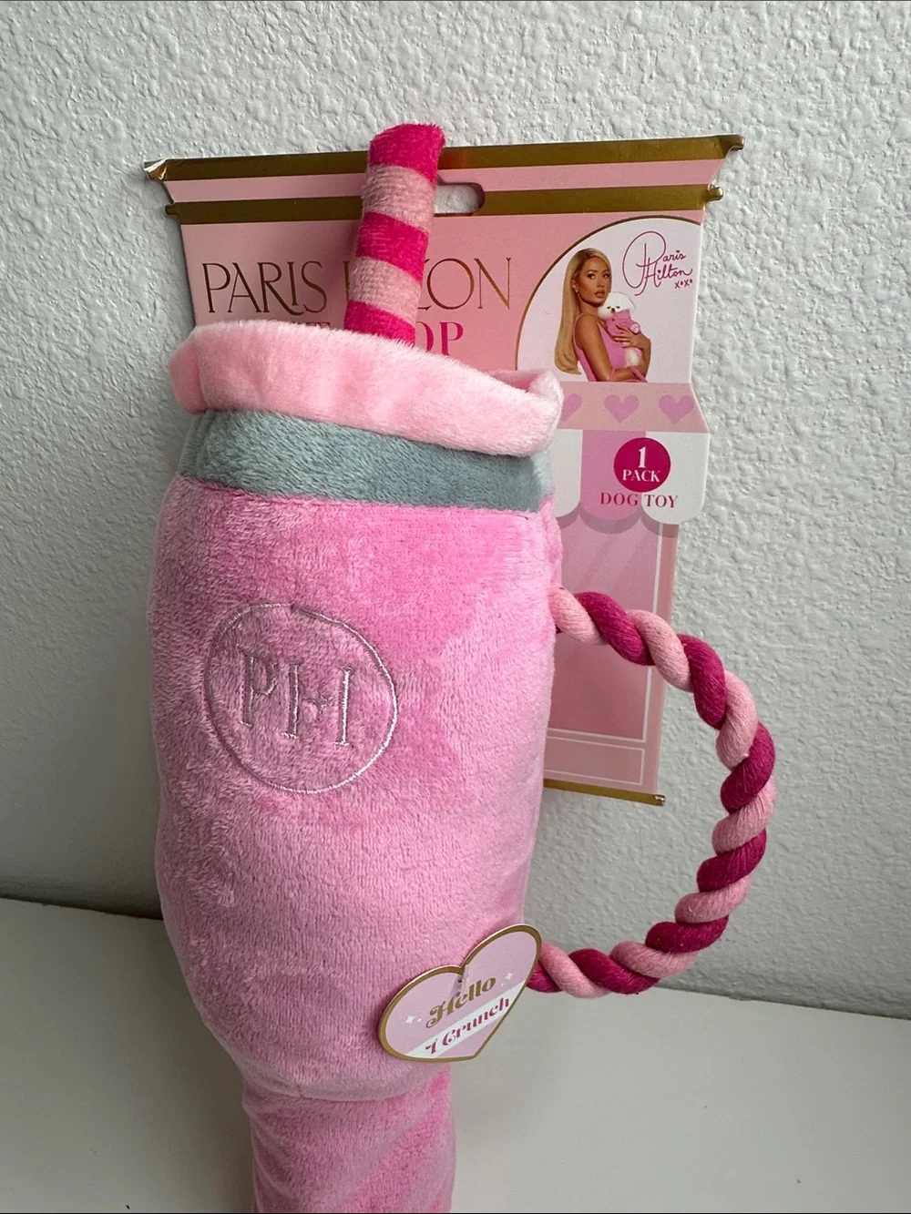 Paris Hilton Pink Plush Shake Dog Toy with Striped Rope Handle